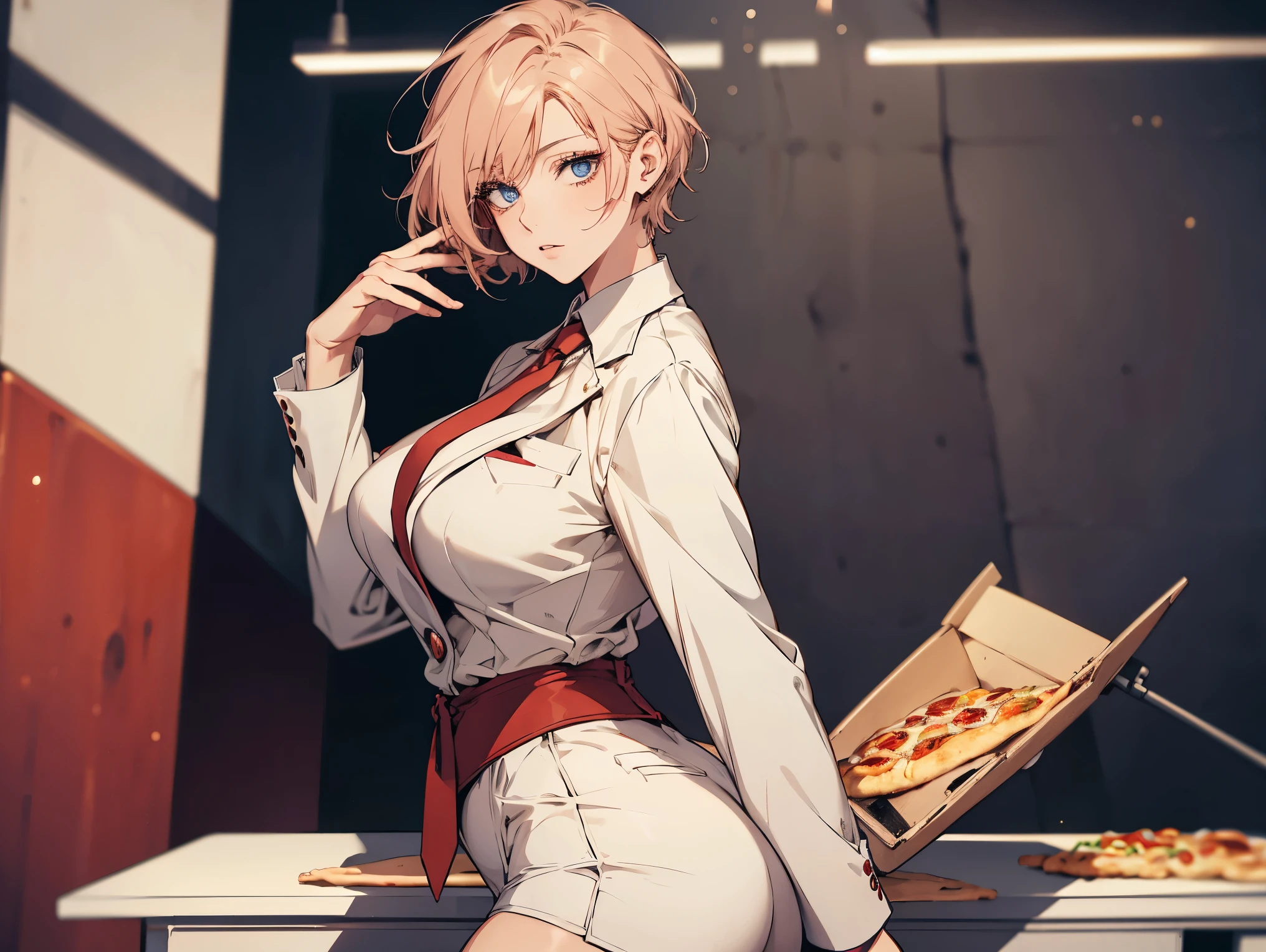 1 female, teacher, wearing a white suit, red tie, bootyshorts, Thicc, light colored hair, short hair, light blue eyes, face to detail, detailed eyes, the background is a pizzeria