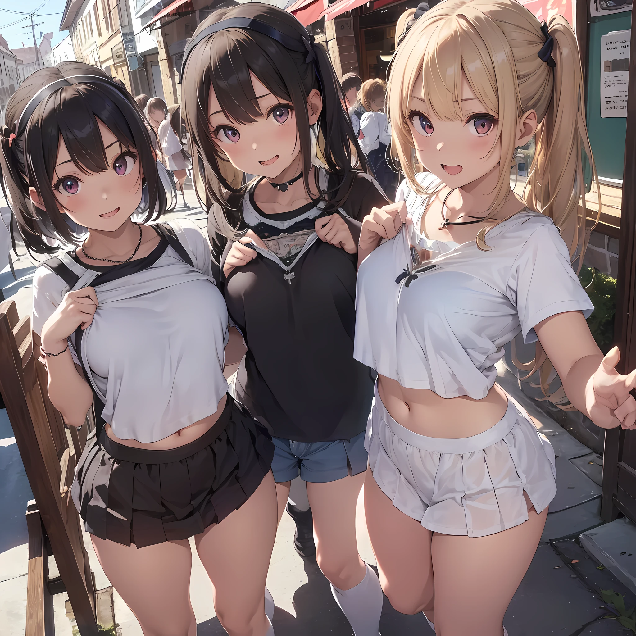 ((masterpiece, best quality, ultra quality, high quality, hyper detailed, intricate detailed, perfect anatomy, shiny skin, cowboy shot, ray tracing,The light hits the front of the body)), (3 woman:1.5), cute woman are posing for a camera,  (at a pub)、  (Lifting SHIRT:1.3),  (open your mouth and laugh:1.3),  (line up in a row)、(tits)、hair band, headband, hair bobbles, blouse, shirt,silver hair, brown hair, blond hair, (navel), jewelry, looking at viewer, necklace, long hair, short hair, (abs), (Depth of the bounds written), 