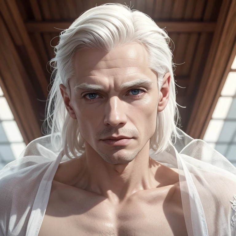 Homem albino, magro, looking 66 years old.
pale, translucent skin, with visible blue veins.
Rugas finas ao redor dos olhos, boca e testa.
Nariz pequeno e arrebitado.
thin, pale lips.
Cabelo:

Liso, comprido e ralo.
Cor branca como a neve, no pigmentation.
combed back, com algumas mechas caindo sobre a testa.