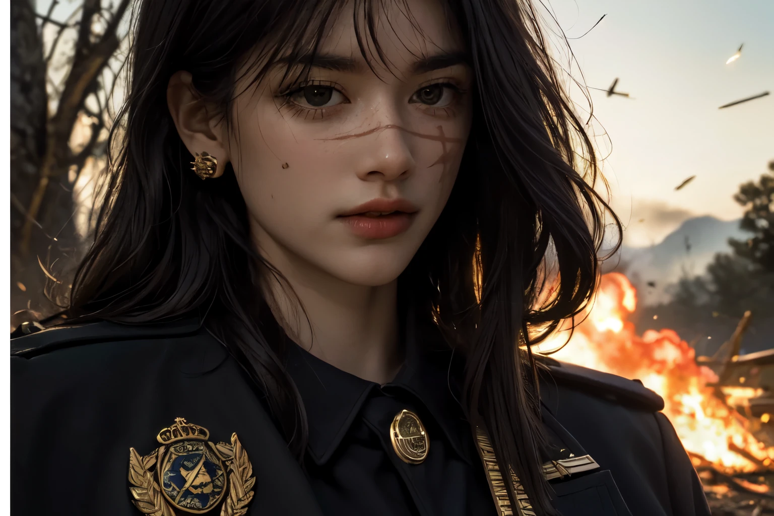 realistic, masterpiece, best quality, close-up, lips , upper body , no makeup, mature female, cowboy shot, black hair, military uniform, black military jacket , black cape , , badge, military jacket , , valor , golden badge , military badge, depth of field, long hair, mole under eye, , earrings, gloves, crowded place , crowd, sun setting , branch, dead tree, fireflies, sparkle, fire_sparkle , fire , scar_on_eye , military badge , medals , blood , bleeding , on fire forest , burning trees , military valor , burning background , crowded place , , big fire , german military , battlefield , nuke explossion , movie poster , magazine poster , big text YORU