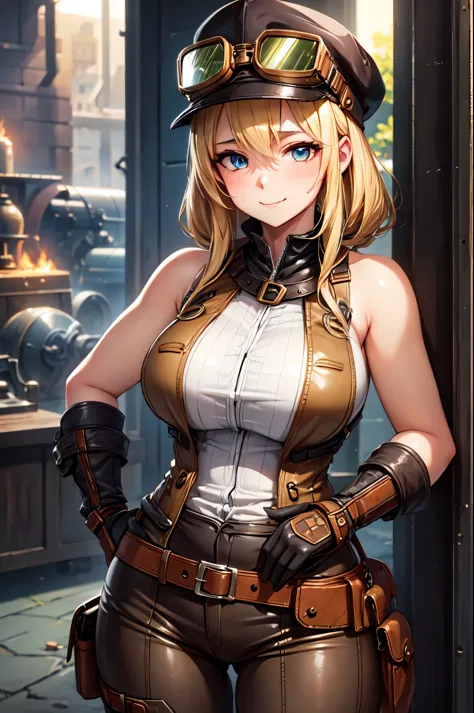 (High quality, High resolution, Fine details), steampunk, industrial landscape, vintage attire, solo, curvy women, blond hair, (goggles), sparkling eyes, (Detailed eyes:1.2), smile, blush, Sweat, Oily skin, Soft tones, shallow depth of field