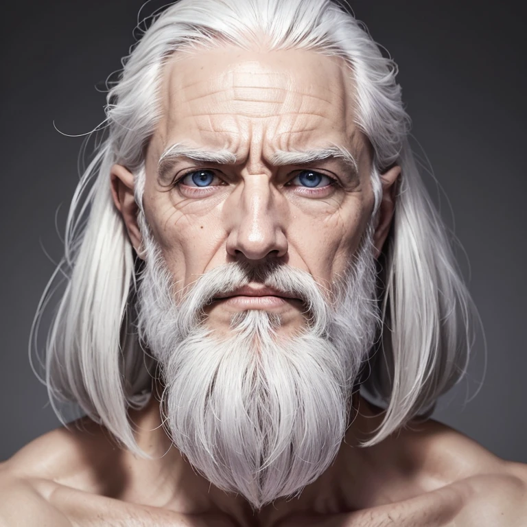 UM Homem albino, magro, OLD looking, elderly Pale skin. Rugas finas ao redor dos olhos, boca e testa.Nariz pequeno e arrebitado.
thin, pale lips. Barba fina. Cabelo: Liso, muito comprido da Cor branca.
combed back, com algumas mechas caindo sobre a testa. Expression:Serious and contemplative.
Slightly melancholy.
Suggests intelligence, wisdom and benevolence.
bright lilac eyes.
White iris with brown spots.
Thin, wrinkled eyelids.