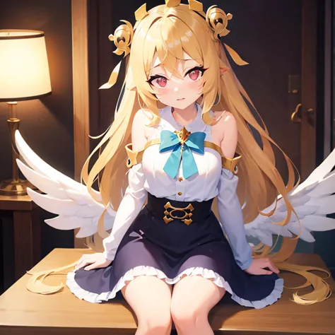 ((1girl)), (kawaii style:1.6), (((Cybele from Kamihime Project))), sitting on bedroom, looking happily