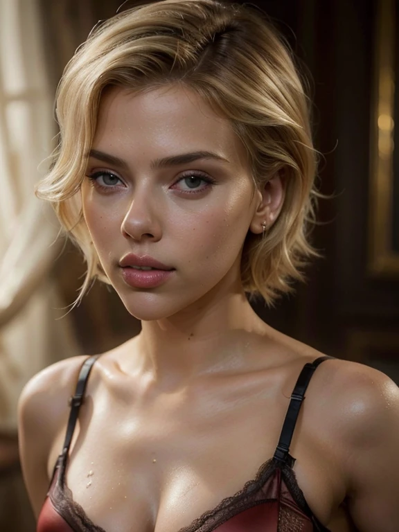 best quality, extremely detailed, hyperrealistic, photorealistic, Scarlett Johansson face, blond, oiled skin, (sexy lingerie:1.3), (look towards the viewer:1.3)