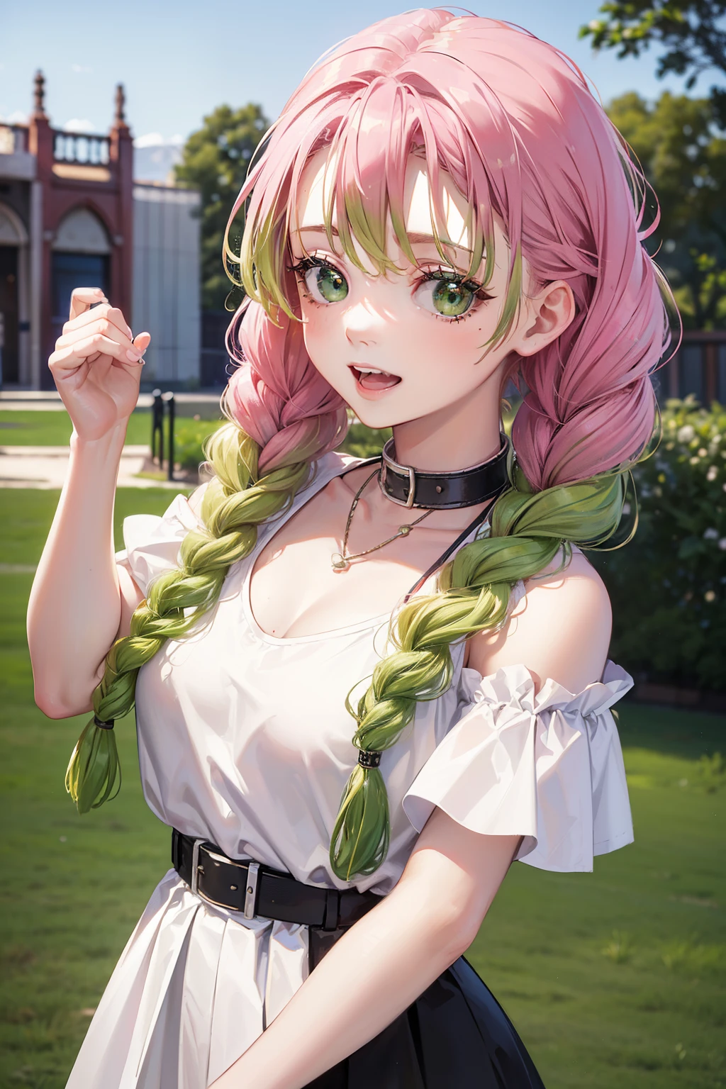 ((masterpiece:1.3, highly detailed:1.3, highres:1.1, best quality, HD)),((park view, trees, fountain, )),((smiling face, open mouth,biting teeth, closing eyeitsuri kanroji, braid, gradient hair, (green eyes:1.5), green hair, long hair, mole, mole under eye, multicolored hair, pink hair, twin braids, two-tone hair)),((white and black Off the shoulder, white Babydoll, brown belt, short sleeves, small necklace)),((large breasts))