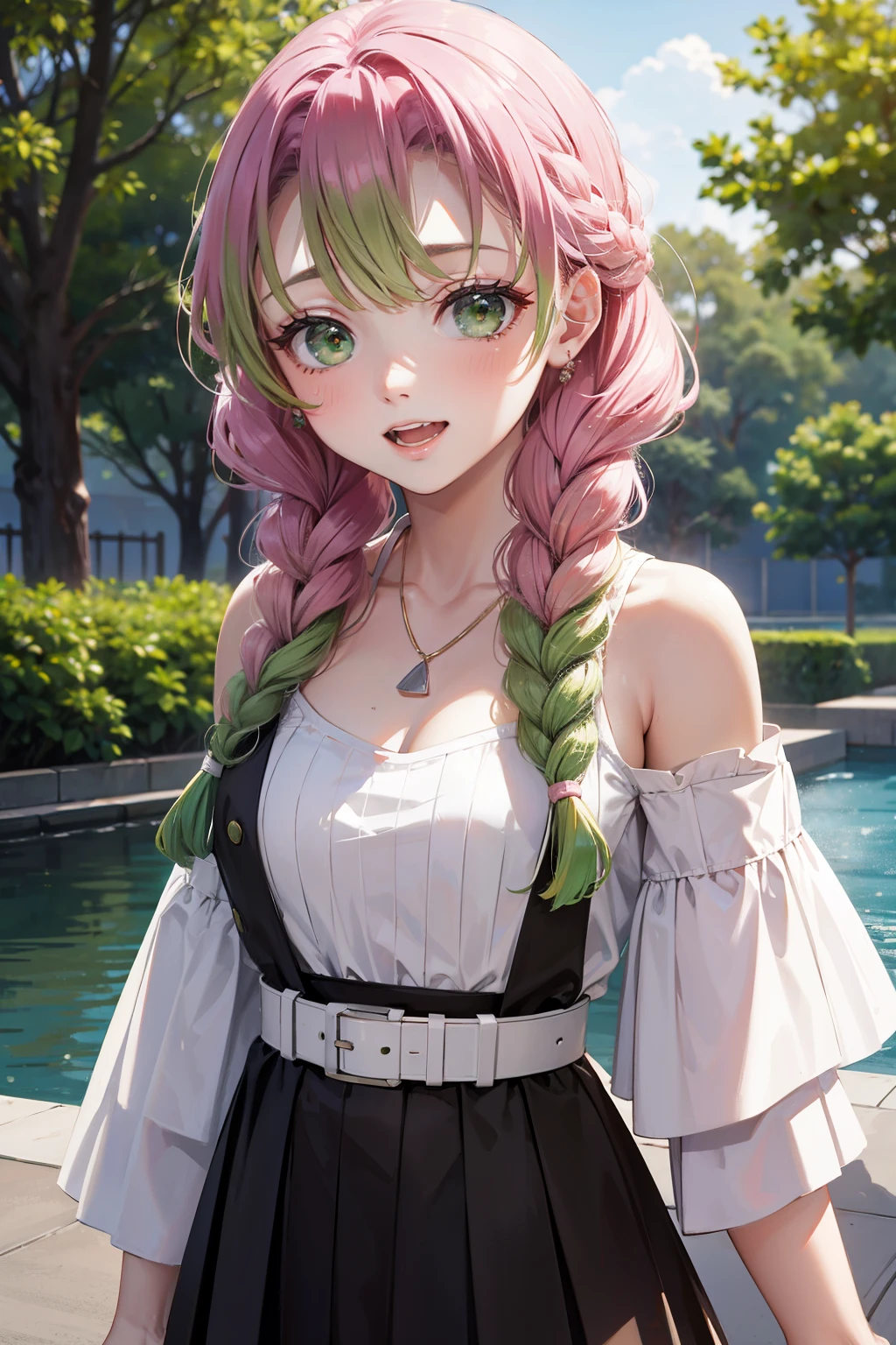 ((masterpiece:1.3, highly detailed:1.3, highres:1.1, best quality, HD)),((park view, trees, fountain, )),((smiling face, open mouth,biting teeth, closing eyeitsuri kanroji, braid, gradient hair, (green eyes:1.5), green hair, long hair, mole, mole under eye, multicolored hair, pink hair, twin braids, two-tone hair)),((white and black Off the shoulder, white Babydoll, brown belt, short sleeves, small necklace)),((large breasts))