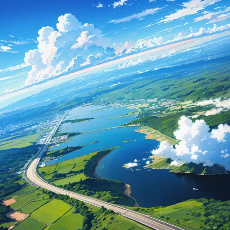 A single road across a beautiful, vast plain, Lush, flower, earth, horizon, cumulonimbus, Blue sky, 