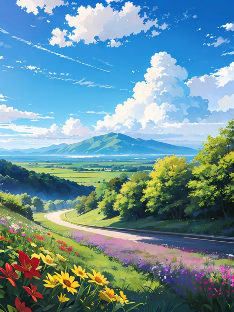 A single road across a beautiful, vast plain, Lush, flower, earth, horizon, cumulonimbus, Blue sky