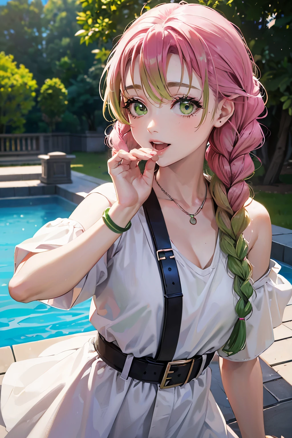 ((masterpiece:1.3, highly detailed:1.3, highres:1.1, best quality, HD)),((park view, trees, fountain, )),((smiling face, open mouth,biting teeth, closing eyeitsuri kanroji, braid, gradient hair, (green eyes:1.5), green hair, long hair, mole, mole under eye, multicolored hair, pink hair, twin braids, two-tone hair)),((white and black Off the shoulder, white Babydoll, brown belt, short sleeves, small necklace)),((large breasts))