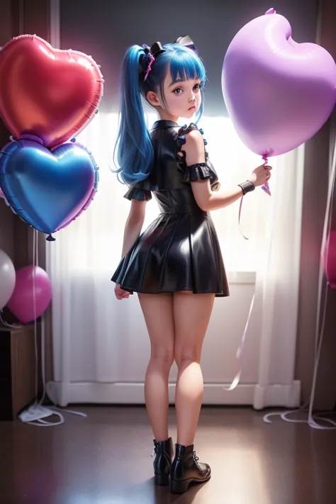 a 12 years old girl, ((having a lot of balloons)) , real photo, (((full body))), (looking back at me), twin tails, blue leather ...