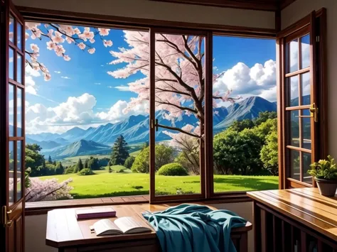 The View Outside the Window, From the window of the mountain hut, you can see the lush green mountains and cherry blossoms in fu...