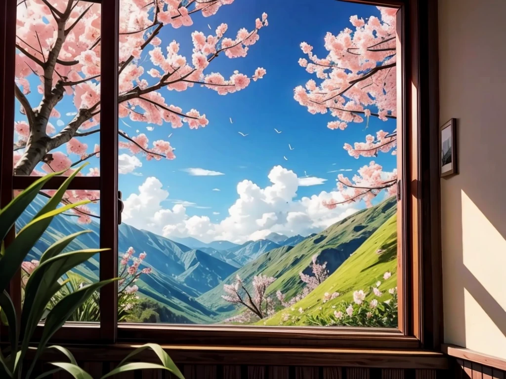 The View Outside the Window, From the window of the mountain hut, you can see the lush green mountains and cherry blossoms in full bloom, the blue sky, white clouds, and the refreshing spring breeze coming into the room and shaking the curtains.