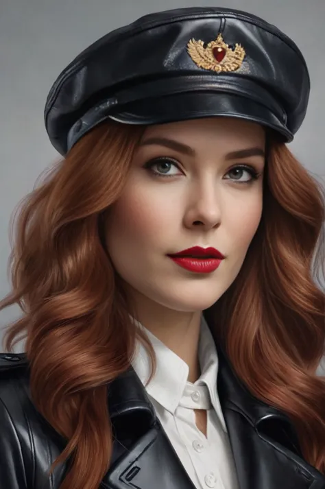 A close-up portrait of a gorgeous, beautiful, stunning russian woman wearing a classy outfit: a black belted leather trench coat...