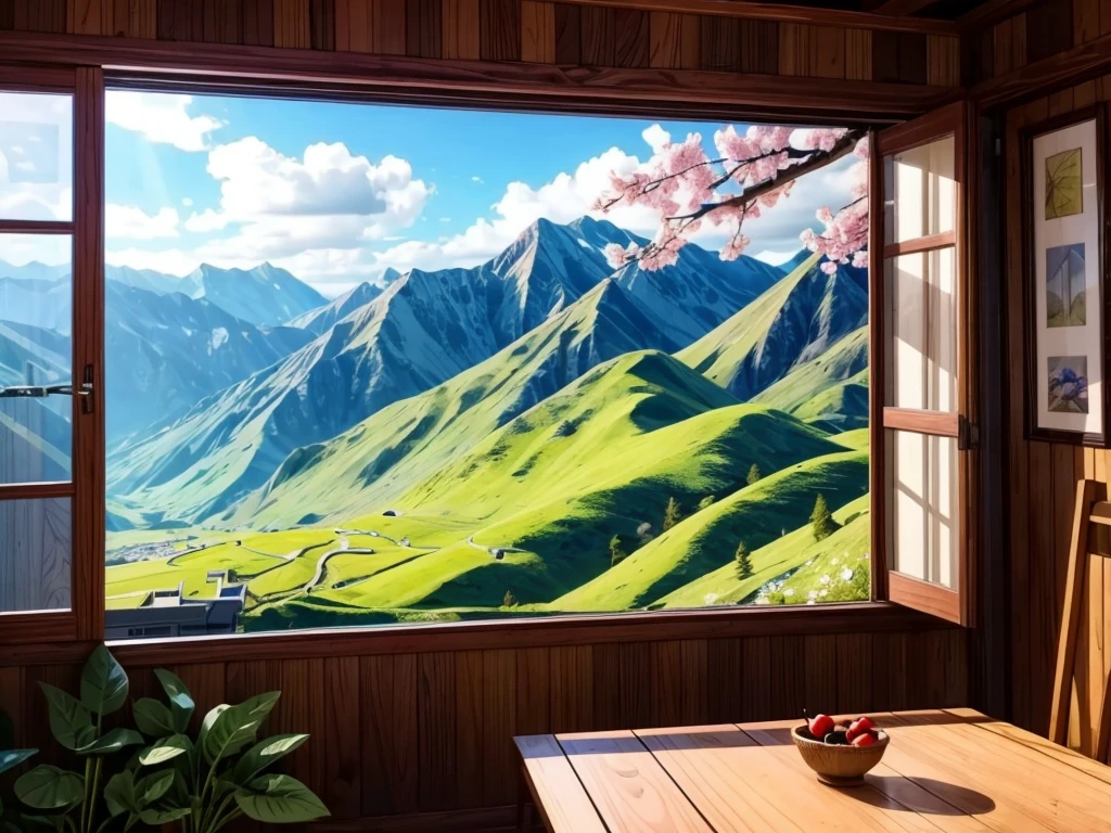 From the window of the mountain hut, you can see the lush green mountains and cherry blossoms in full bloom, the blue sky, white clouds, and the refreshing spring breeze coming into the room and shaking the curtains.