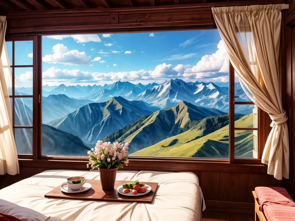From the window of the mountain hut, you can see the lush green mountains and cherry blossoms in full bloom, the blue sky, white clouds, and the refreshing spring breeze coming into the room and shaking the curtains.