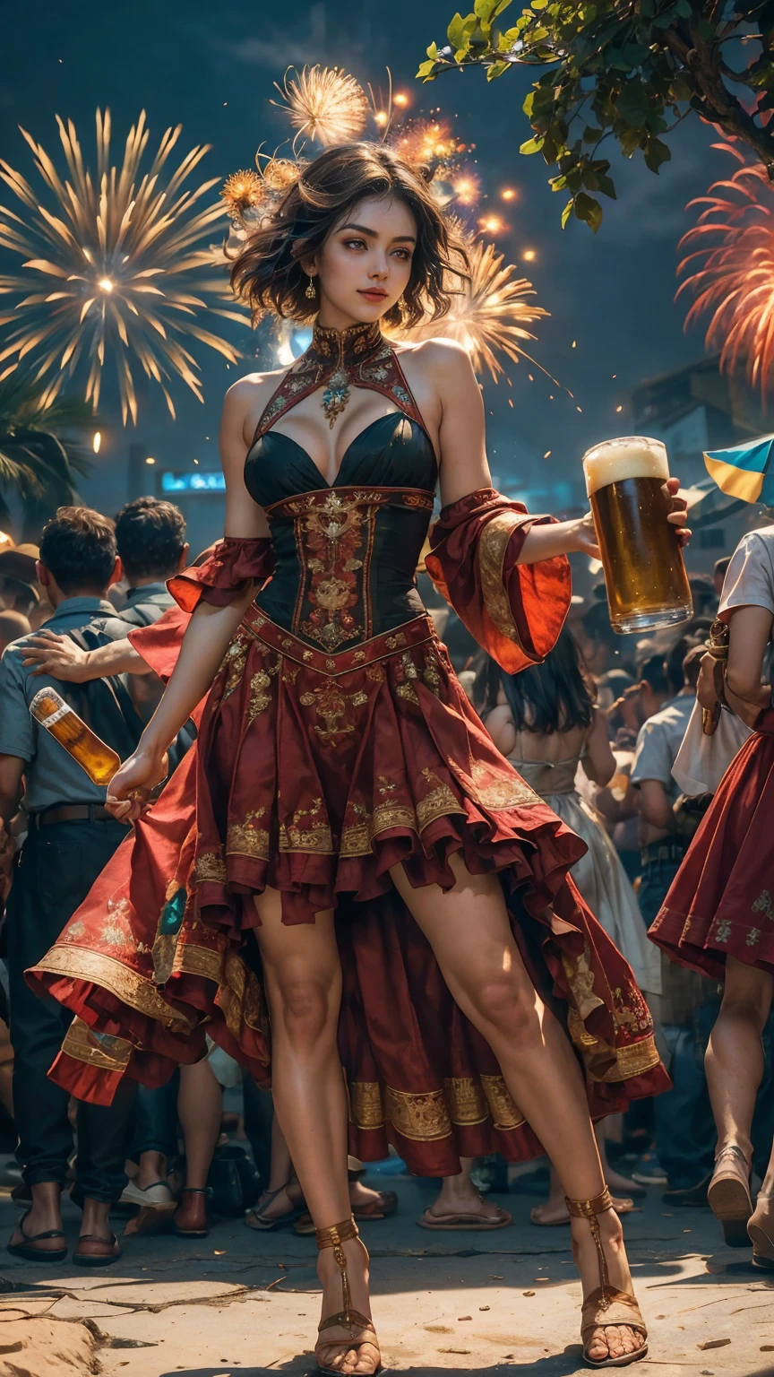 En el corazón de la fiesta mexicana una joven cervecera de pelo castaño corto, Conjunto ajustado de cerveza corona con escote largo., sosteniendo una cerveza con felicidad, pose sexy, en una fiesta mexicana, crea una atmósfera, la gente celebra el día de la cerveza, energía y fuegos artificiales. El ángulo de la escena es dinámico., Capturar la intensidad del momento, ojos dorados de buena calidad, ojos mirando a la camara, Ultra detallado, hermoso y esteticamente agradable, Obra maestra, Mejor puntuación de calidad, (fractal art: 1.3), extremadamente detallado , ángulo dinámico, trazado de rayos, cuerpo completo, de cerca, polvo y luces duras