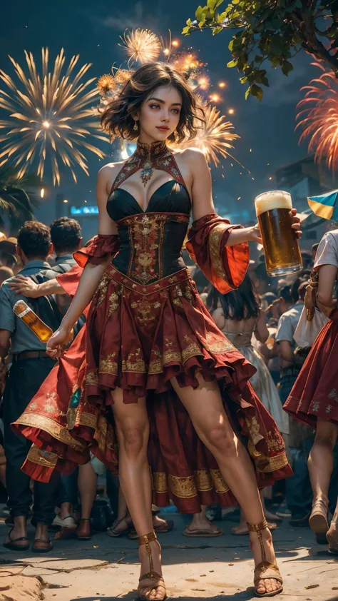 In the heart of the mexican party a young beer edecan woman with short brown hair, corona beer tight outfit with long neckline, ...