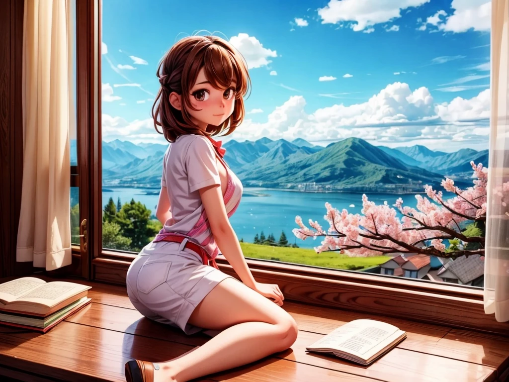 From the window of the mountain hut, you can see the lush green mountains and cherry blossoms in full bloom, the blue sky, white clouds, and the refreshing spring breeze coming into the room and shaking the curtains.  A girl sitting and viewing cherry blossoms