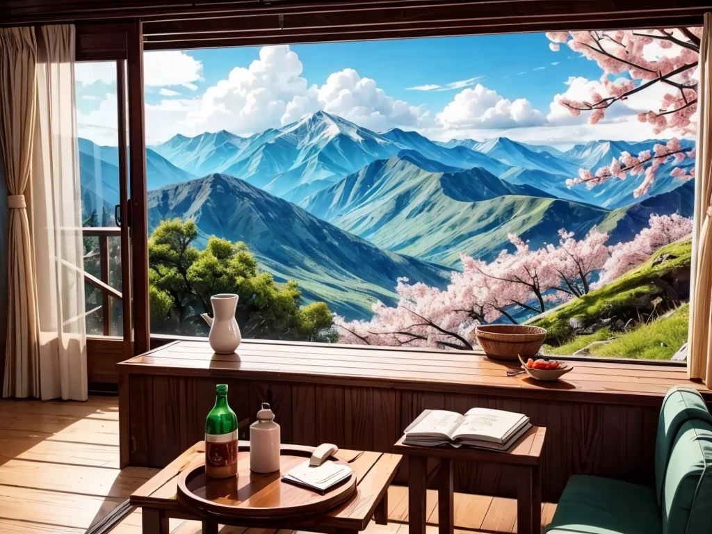 From the window of the mountain hut, you can see the lush green mountains and cherry blossoms in full bloom, the blue sky, white clouds, and the refreshing spring breeze coming into the room and shaking the curtains.  A girl sitting and viewing cherry blossoms