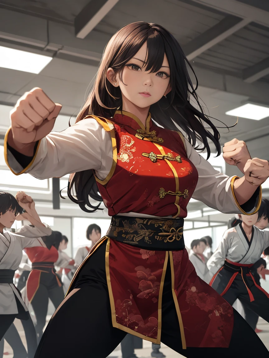 A female teacher of ancient Chinese martial arts、Wearing a long Chinese national costume and clenching a fist、Demonstrating a martial arts style、In dynamic poses、Sword Dance Hall、Fighters are gathering。