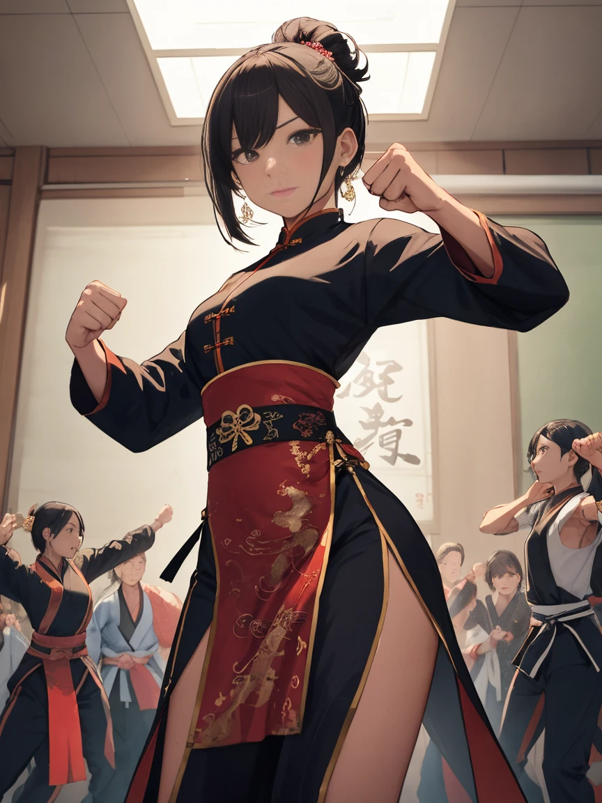 A female teacher of ancient Chinese martial arts、Wearing a long Chinese national costume and clenching a fist、Demonstrating a martial arts style、In dynamic poses、Sword Dance Hall、Fighters are gathering。