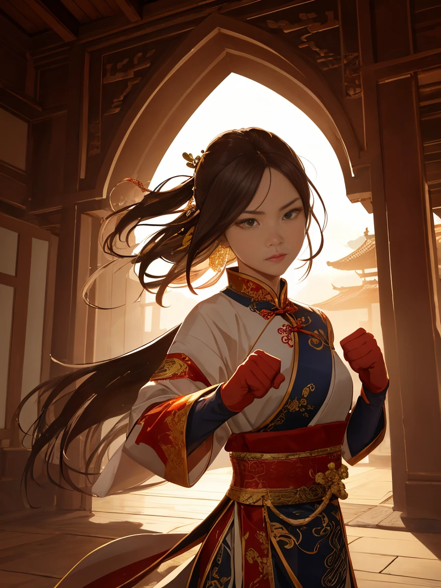 (best quality,4k,8k,highres,masterpiece:1.2),ultra-detailed,(realistic,photorealistic,photo-realistic:1.37),dark atmosphere,traditional Chinese martial arts,female master,long-haired,traditional Chinese costume,clenching fists with determination,showcasing the form of martial arts,dynamic posing,sword dance arena,gathering of martial artists,-focused and intense expressions,enduring physical training,strong and sculpted bodies,swift and precise movements,ancient Chinese architecture,elaborately carved pillars and roofs,soft and warm lighting,vibrant red and gold color scheme,clouds of incense filling the air,multiple layers of flowing silk,sense of anticipation and energy in the air,audience watching in awe and admiration,tranquil yet powerful presence of the female master,surrounded by a subtle aura of mystique,cherished heritage and deep-rooted tradition,proudly representing the essence of Chinese culture.