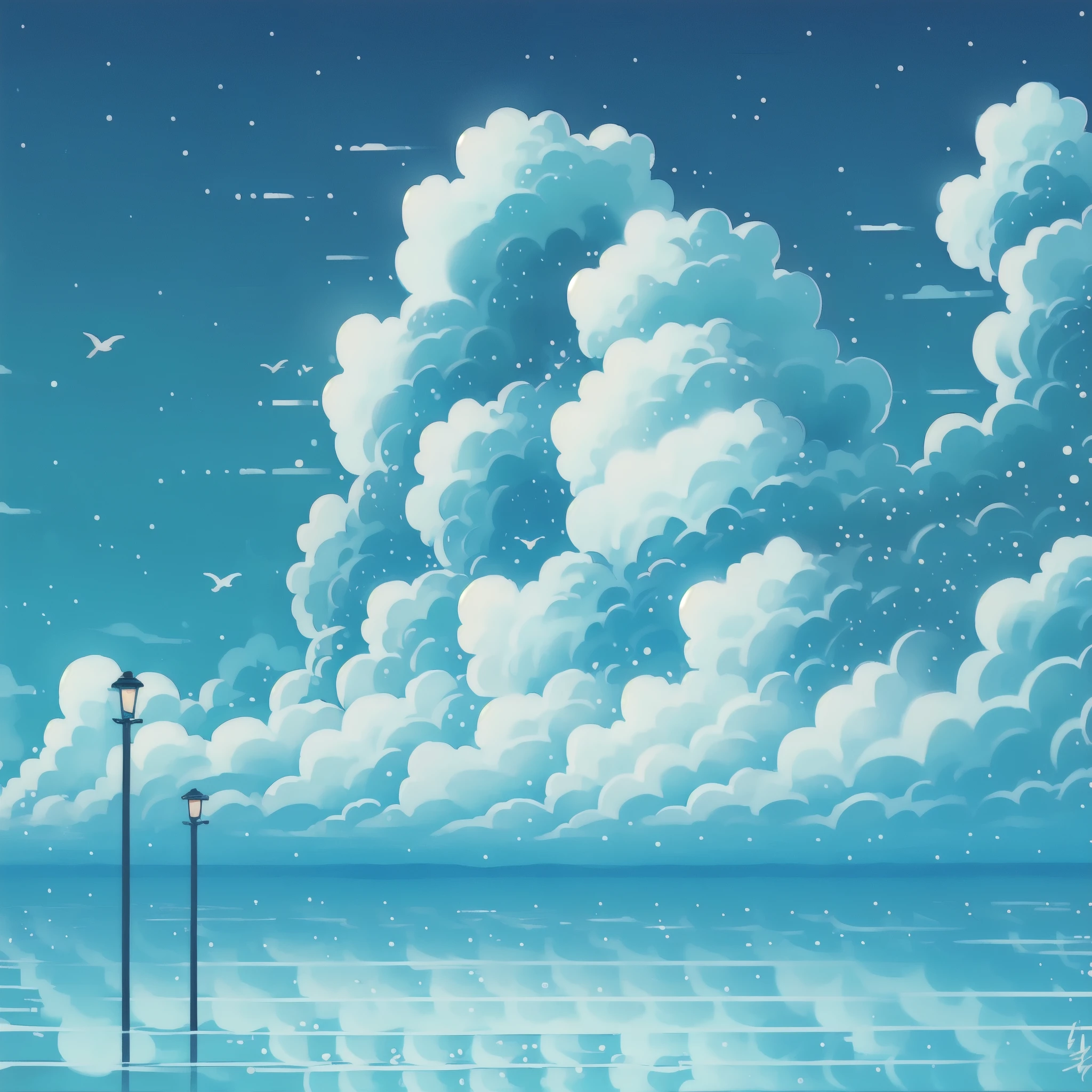 (Best quality,masterpiece:1.2), Art\(Illustration\),outdoors, reflection, cool colors, 
(Train Tracks , street lamp), lamppost, Dreamy Landscape, day, scenery, 
railing, bird, cloudy sky, blue sky,sky,cloud, flock, light particles, star \(sky\),blue theme,no humans