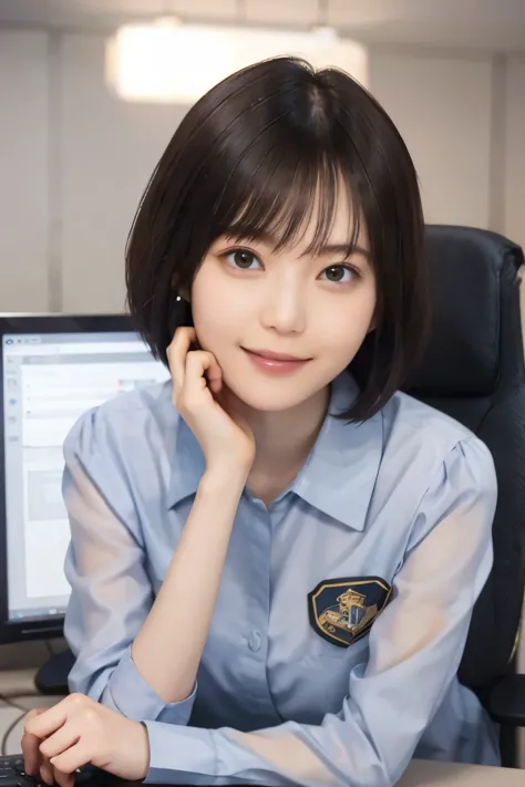 204 Women, gentle smile,  short hair, Top and bottom work clothes, Futuristic Command Room