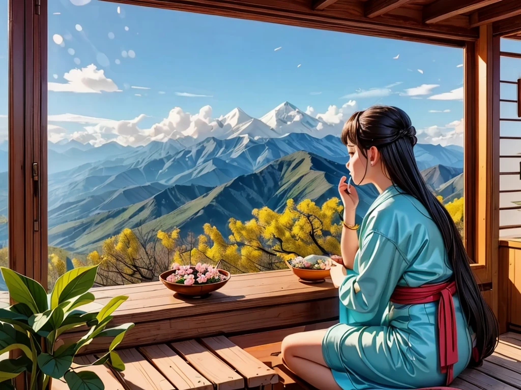 From the window of the mountain hut, you can see the lush green mountains and cherry blossoms in full bloom, the blue sky, white clouds, and the refreshing spring breeze coming into the room and shaking the curtains.  A girl sitting and viewing cherry blossoms