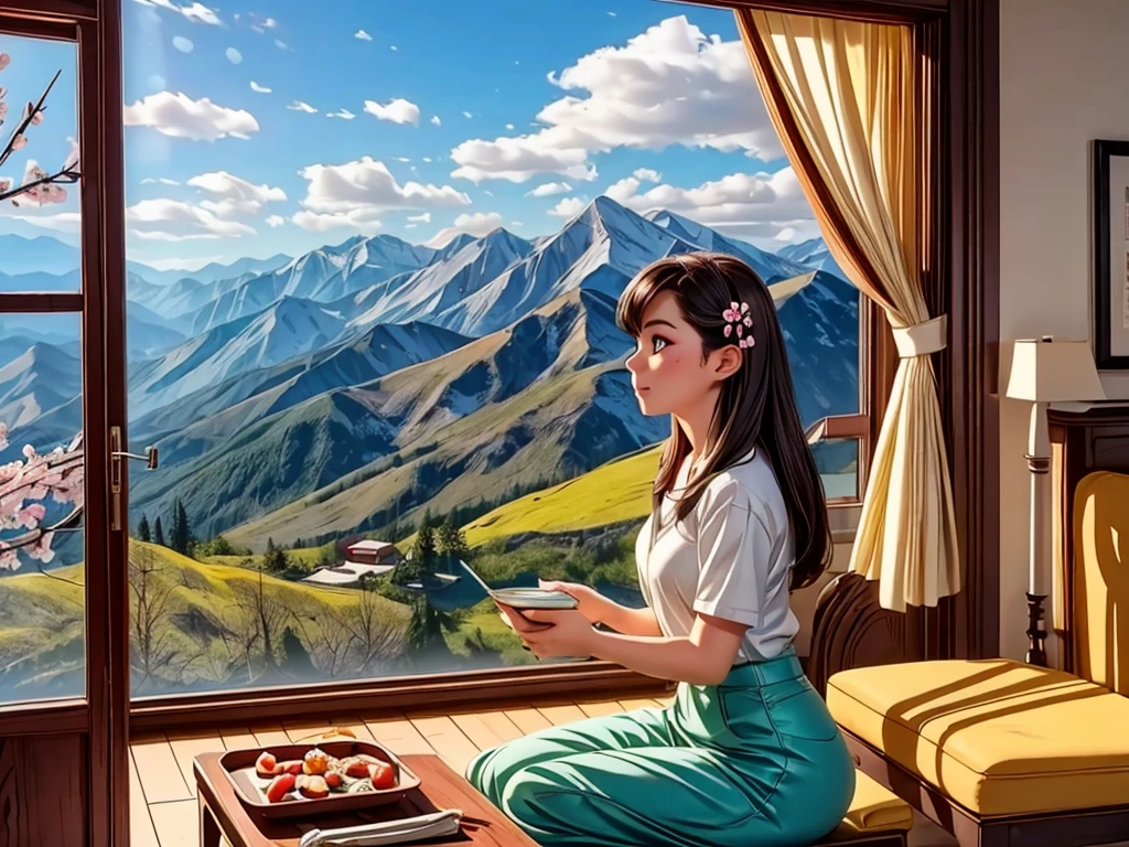 From the window of the mountain hut, you can see the lush green mountains and cherry blossoms in full bloom, the blue sky, white clouds, and the refreshing spring breeze coming into the room and shaking the curtains.  A girl sitting and viewing cherry blossoms