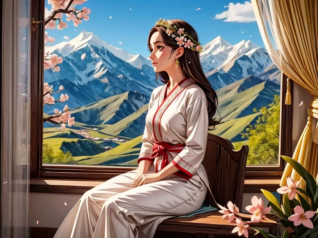 From the window of the mountain hut, you can see the lush green mountains and cherry blossoms in full bloom, the blue sky, white clouds, and the refreshing spring breeze coming into the room and shaking the curtains.  A girl sitting and viewing cherry blossoms