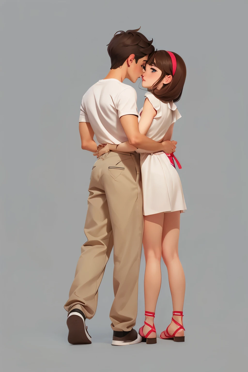 Pareja de anime besándose delante de un fondo gris,  Mujer con ojos verdes.，pose de pareja, foto de cuerpo completo, producido por el estudio de pintor de anime, vista de cuerpo completo entrelazado, Retrato detallado de cuerpo entero, Retrato realista de cuerpo completo, alta definición，ricos detalles，mano derecha，El hombre rodea a la mujer con el brazo&#39;cintura，Pon tus brazos alrededor de tu cintura，alta definición