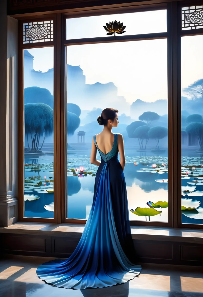  窓の外の景色，(窓から外を眺める:1.5)，ローマ風の窓，窓のそばに立つ青いグラデーションのドレスを着たエレガントな女性.  窓の外には大きな蓮の池, 非現実的な雰囲気を醸し出す.  コンセプトアーティストのモービウスにインスピレーションを受けた, ライトグレーとダークネイビーブルーのコントラストが強い色です, 神秘的な雰囲気を醸し出す.