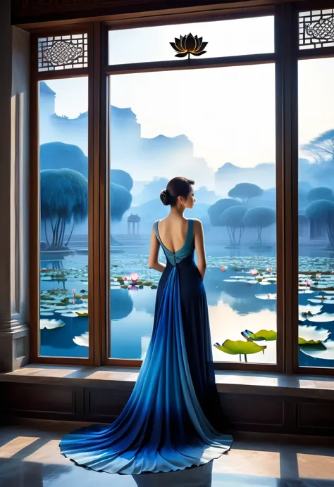  The scenery outside the window，(Looking out from the window:1.5)，Roman style windows，An elegant woman wearing a blue gradient d...