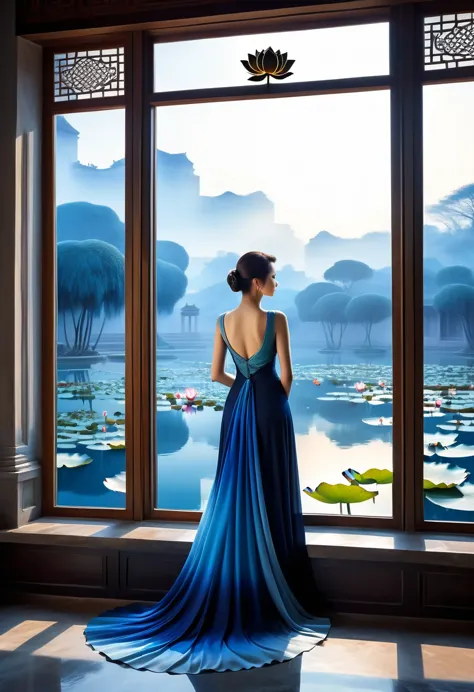 the scenery outside the window，(looking out from the window:1.5)，roman style windows，an elegant woman wearing a blue gradient dr...