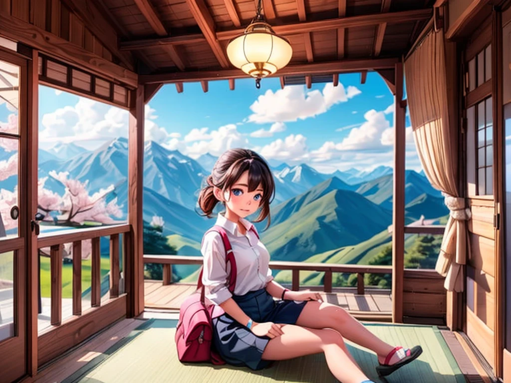 From the window of the mountain hut, you can see the lush green mountains and cherry blossoms in full bloom, the blue sky, white clouds, and the refreshing spring breeze coming into the room and shaking the curtains.  A girl sitting and viewing cherry blossoms