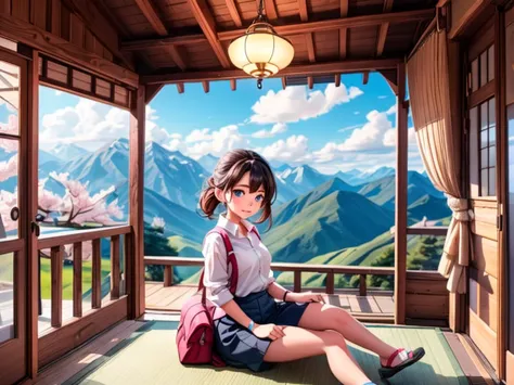 From the window of the mountain hut, you can see the lush green mountains and cherry blossoms in full bloom, the blue sky, white...