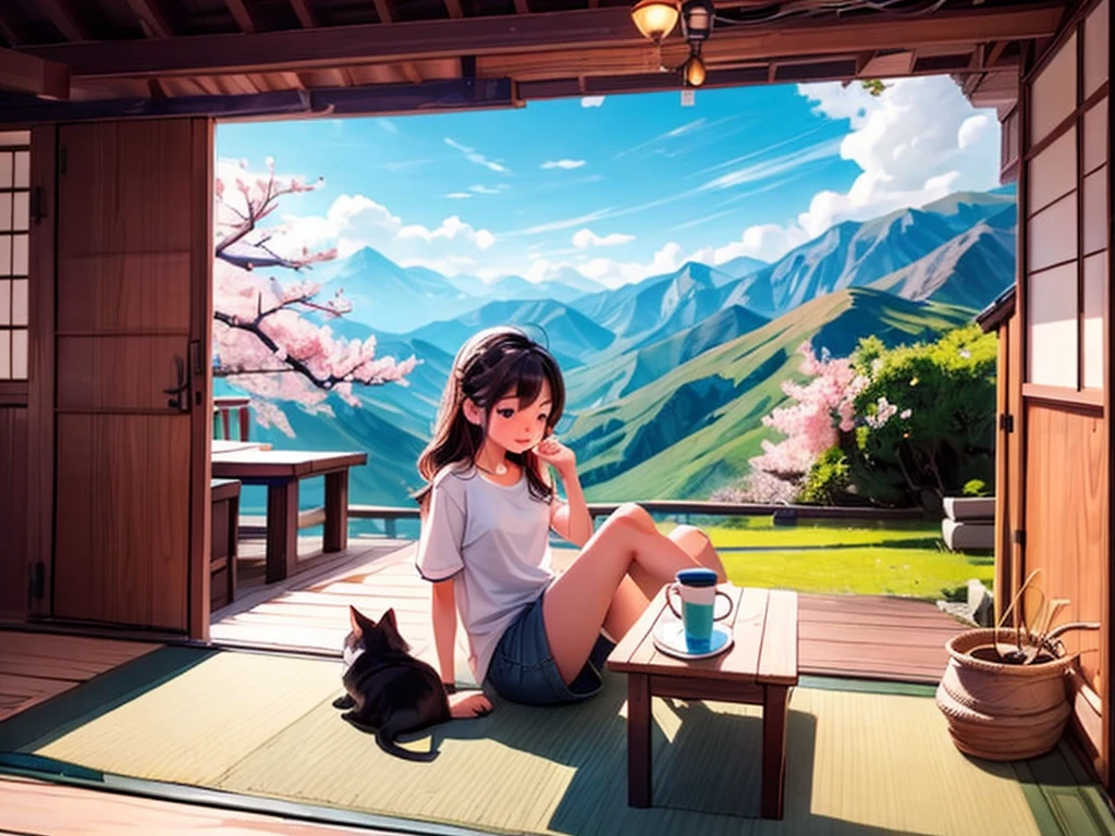 From the window of the mountain hut, you can see the lush green mountains and cherry blossoms in full bloom, the blue sky, white clouds, and the refreshing spring breeze coming into the room and shaking the curtains.  A girl sitting and viewing cherry blossoms