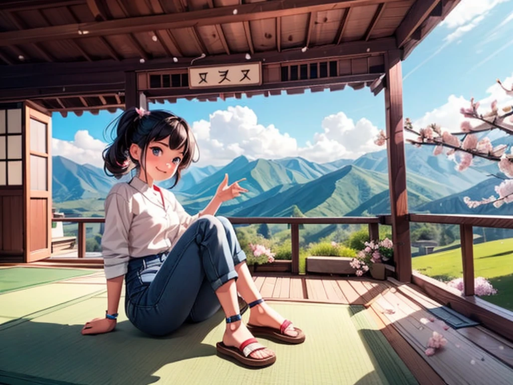 From the window of the mountain hut, you can see the lush green mountains and cherry blossoms in full bloom, the blue sky, white clouds, and the refreshing spring breeze coming into the room and shaking the curtains.  A girl sitting and viewing cherry blossoms