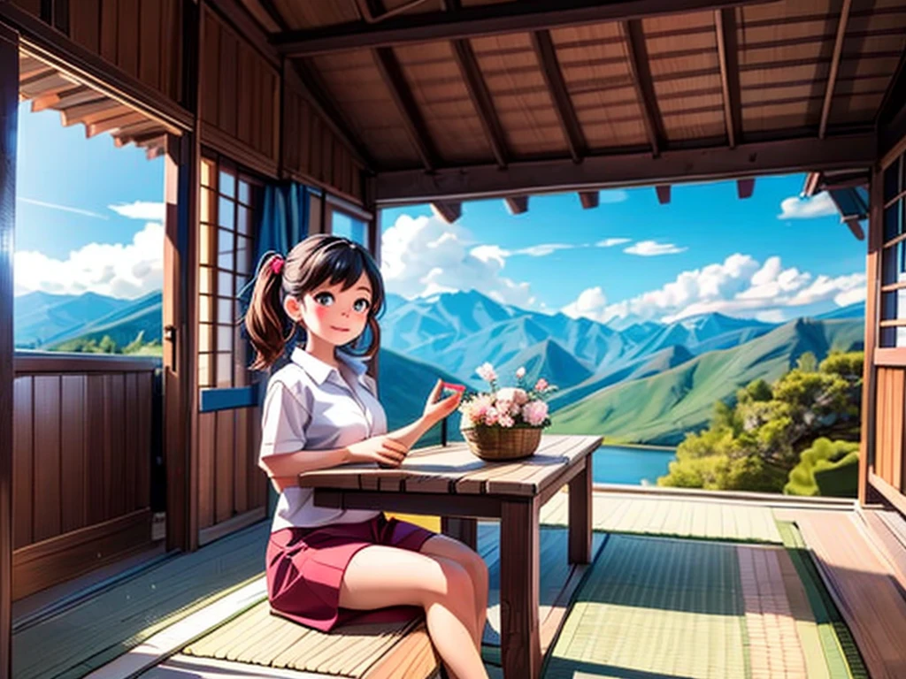 From the window of the mountain hut, you can see the lush green mountains and cherry blossoms in full bloom, the blue sky, white clouds, and the refreshing spring breeze coming into the room and shaking the curtains.  A girl sitting and viewing cherry blossoms