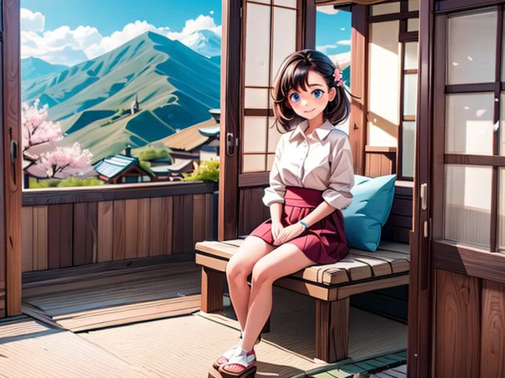 From the window of the mountain hut, you can see the lush green mountains and cherry blossoms in full bloom, the blue sky, white clouds, and the refreshing spring breeze coming into the room and shaking the curtains.  A girl sitting and viewing cherry blossoms