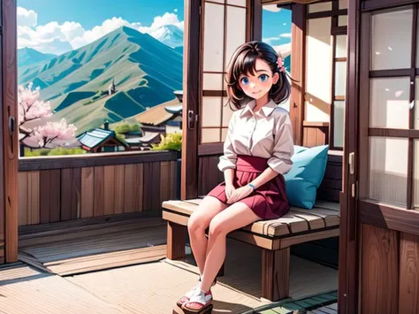 from the window of the mountain hut, you can see the lush green mountains and cherry blossoms in full bloom, the blue sky, white...