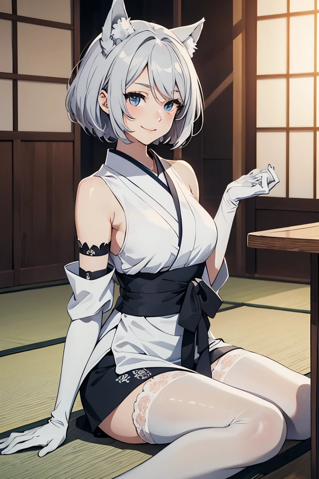 table top　 best image quality　wonderful　high detail　One Young Woman（（adult））anime style　white kimono（sleeveless）　Put your arm out　white long gloves（elbow gloves）　white pantyhose　wolf ears　short hair（（shortcut）（gray hair）（curly hair）（fluffy））　smile（Happy）　eye color is blue　Japanese style room（tatami）　girl sitting