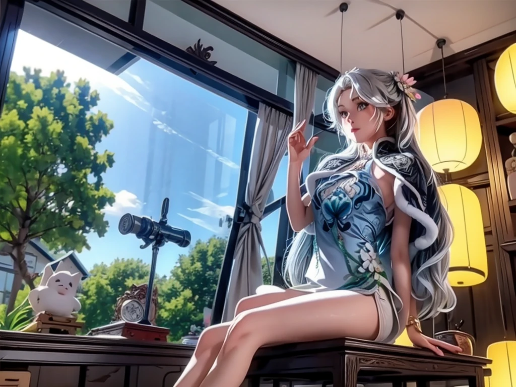 From the window of the mountain hut, you can see the lush green mountains and cherry blossoms in full bloom, the blue sky, white clouds, and the refreshing spring breeze coming into the room and shaking the curtains.  A girl sitting and viewing cherry blossoms