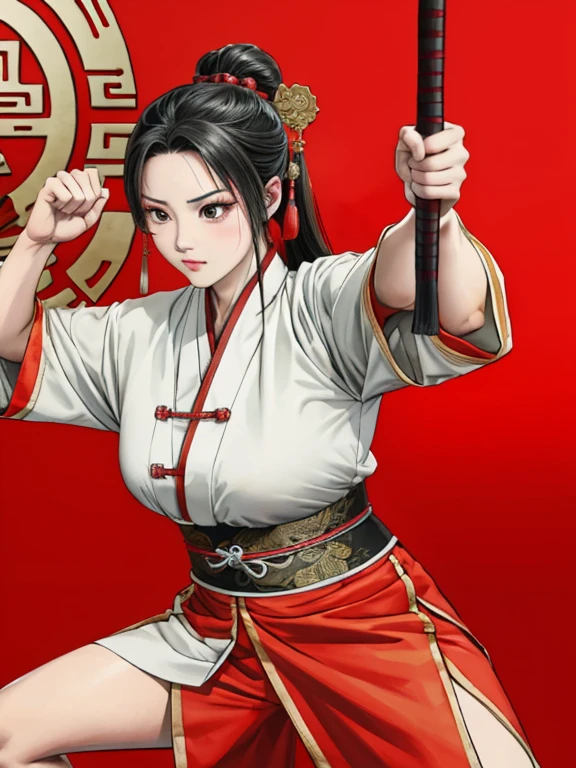 古代中国武術の女性教師、長い中国の民族衣装を着て拳を握っている、武術のスタイルを披露、ダイナミックなポーズで、剣舞ホール、戦闘員が集結。