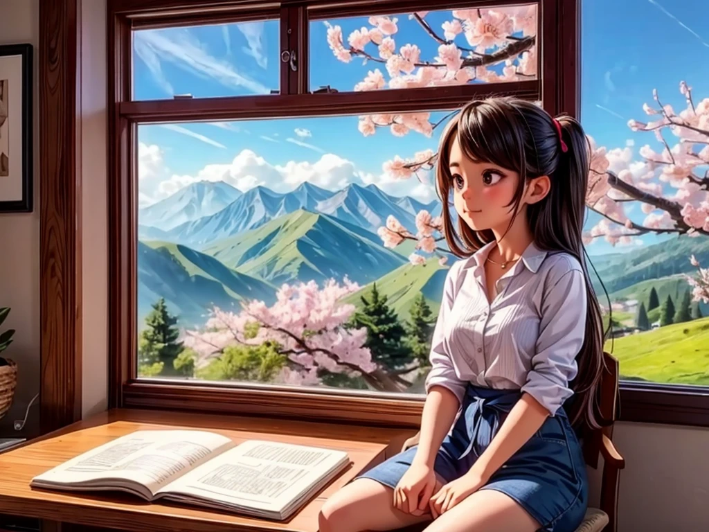 From the window of the mountain hut, you can see the lush green mountains and cherry blossoms in full bloom, the blue sky, white clouds, and the refreshing spring breeze coming into the room and shaking the curtains.  A girl sitting and viewing cherry blossoms