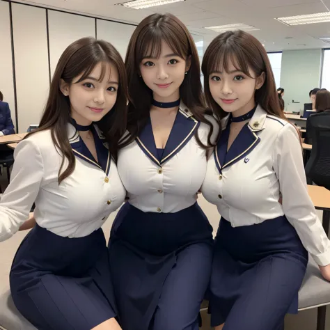 highest quality, multiple girls, ((there are many girls beyond her)),, A row of pretty office ladies, A neat line of office ladi...