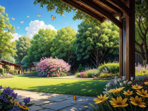 (a beautiful garden scenery),painting,flowers,birds chirping,sunlight streaming in through the window,green grass and vibrant tr...