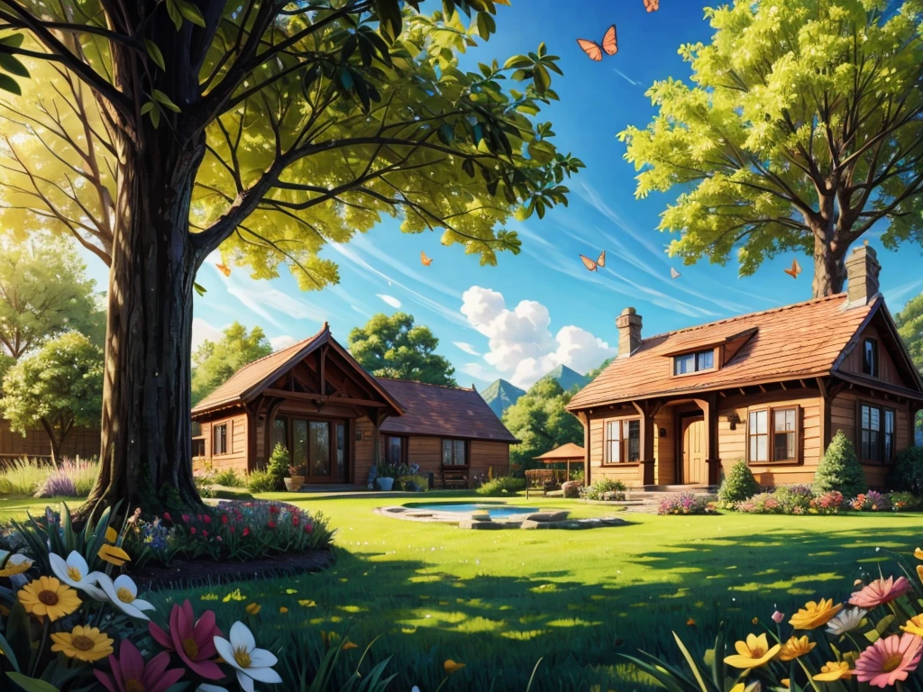 (a beautiful garden scenery),painting,flowers,birds chirping,sunlight streaming in through the window,green grass and vibrant trees,butterflies fluttering,serene atmosphere,clear blue sky,(best quality,high res),(realistic),(HDR),(soft color palette),warm and welcoming vibes,natural lighting