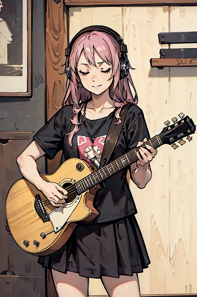 ((masterpiece,highest quality))1 girl, alone, black skirt, blue eyes, electric guitar, guitar, headphones, holding, holding plectrum, musical instrument, long hair, , music, one side up, blue hair, guitarを弾く, pleated skirt, black shirt, Indoors, looking down、looking down、
